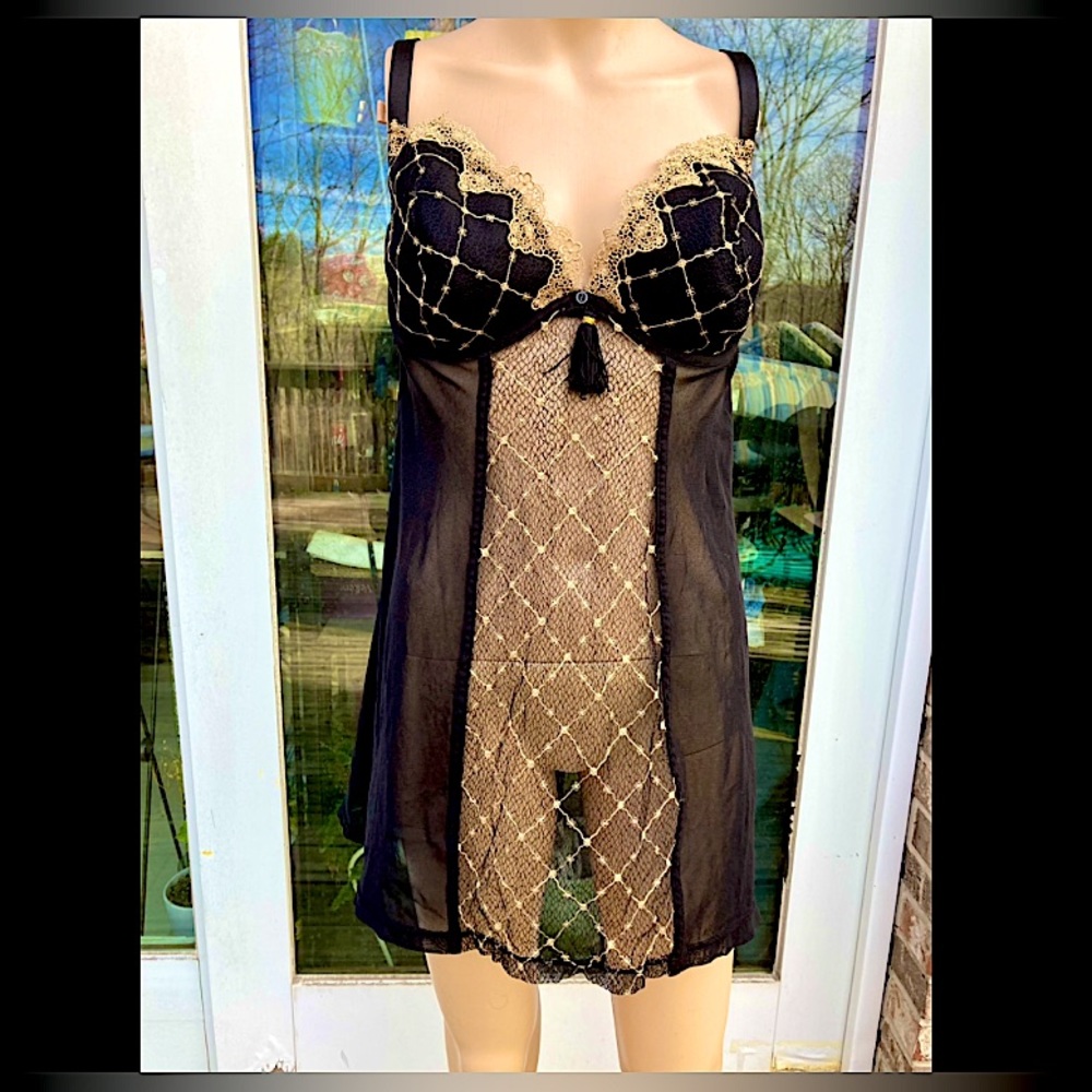 Cacique Black and Gold Sheer Lingerie Slip